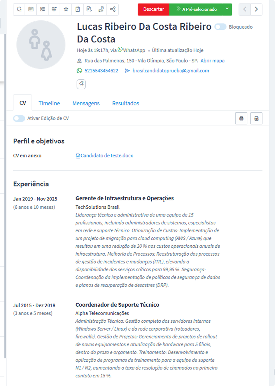 CV salvo e perfil enriquecido pelo parser
