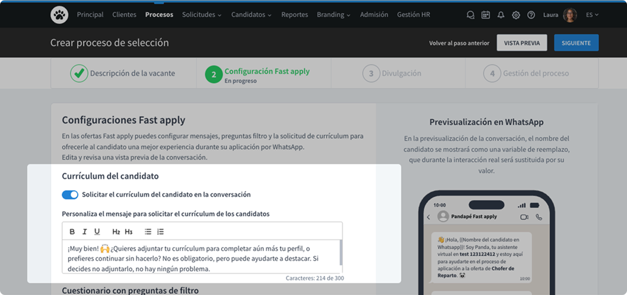 Configuración para solicitar CV en Fast apply
