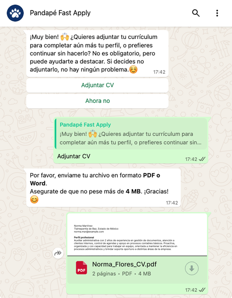 El candidato adjunta su CV directamente en WhatsApp