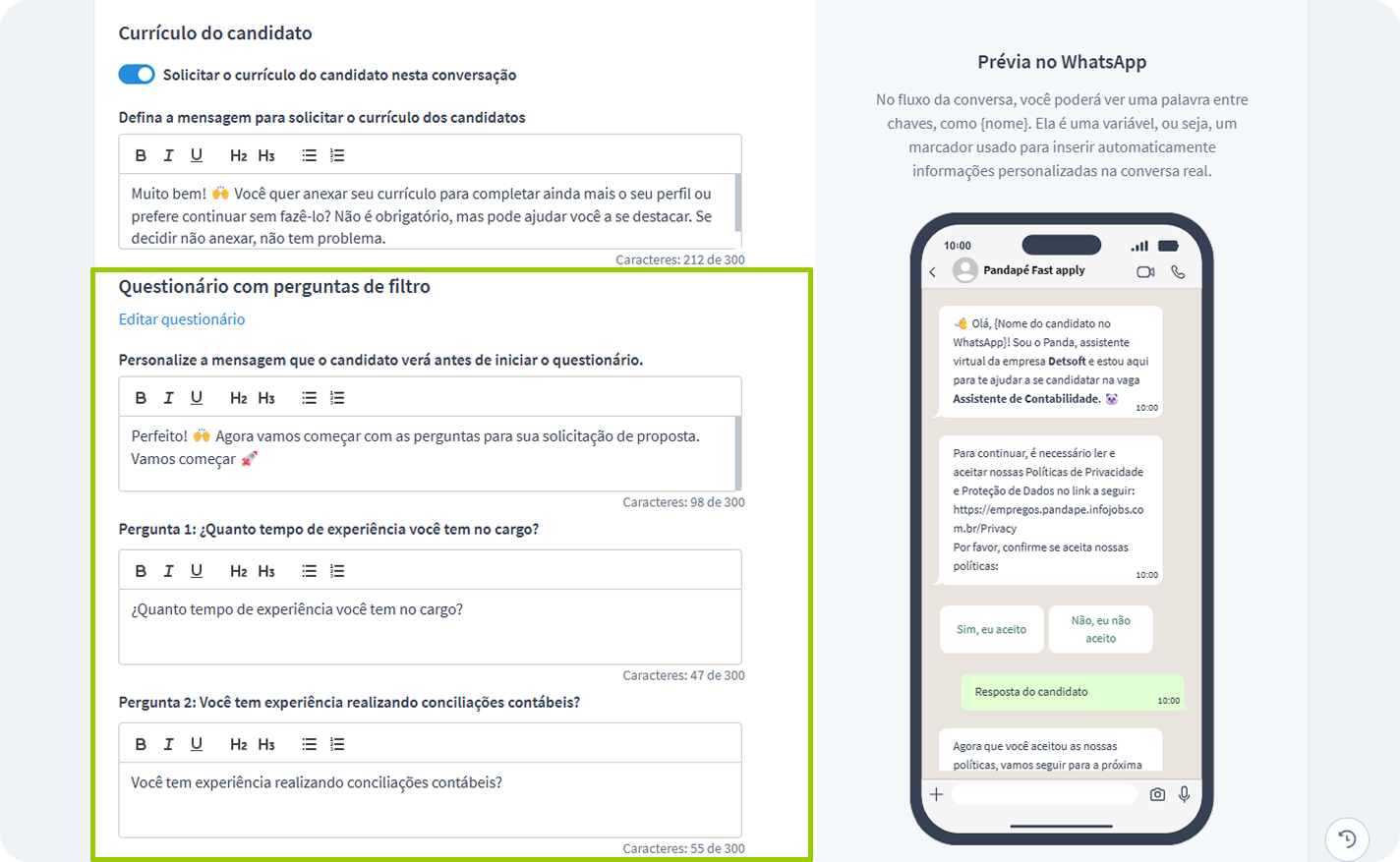 Prepare a mensagem prévia e ajuste o questionário.png