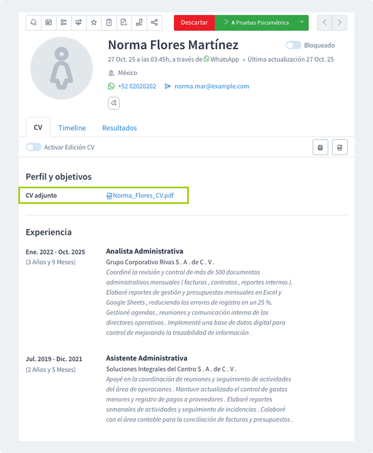 CV guardado y perfil enriquecido por el parser