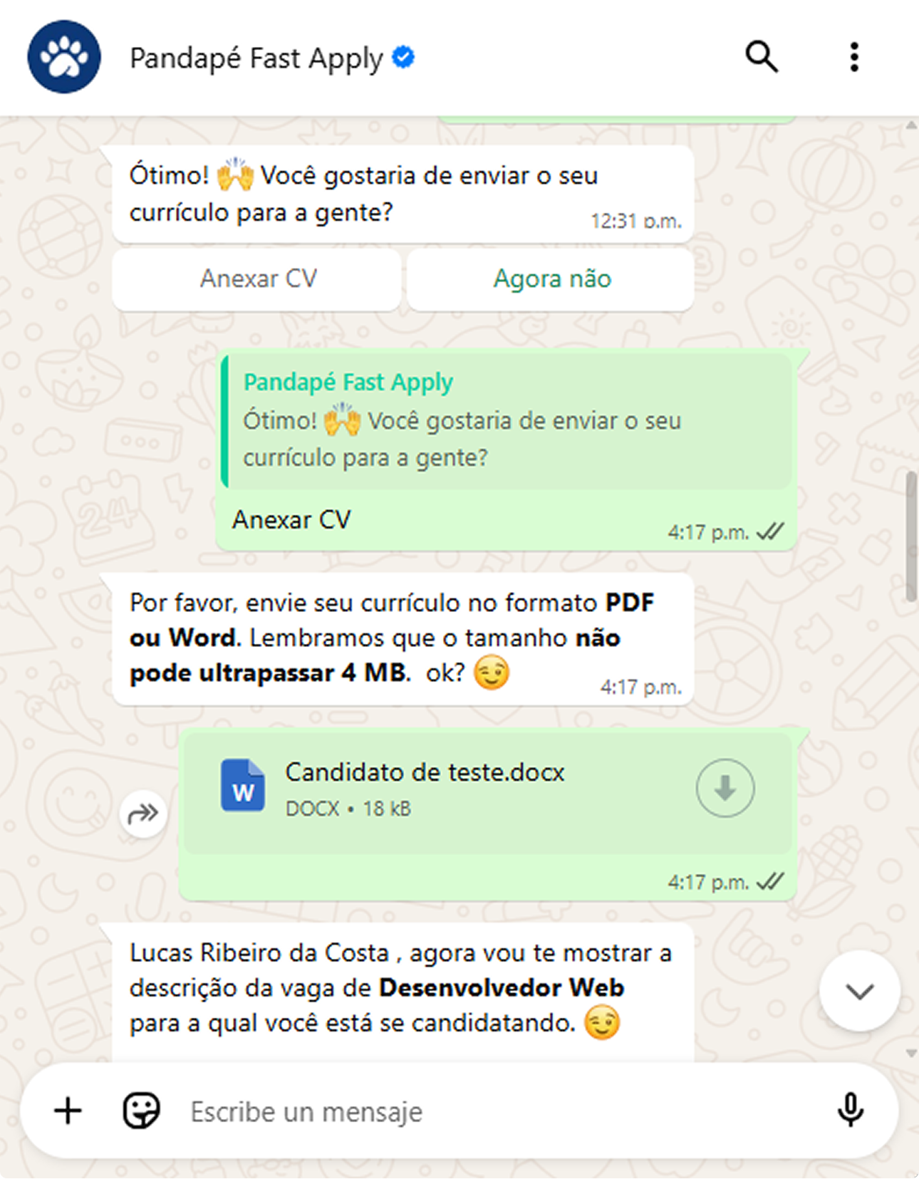 O candidato anexa seu CV diretamente no WhatsApp