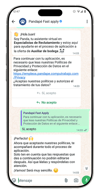 Vista de la conversación de Fast apply en WhatsApp