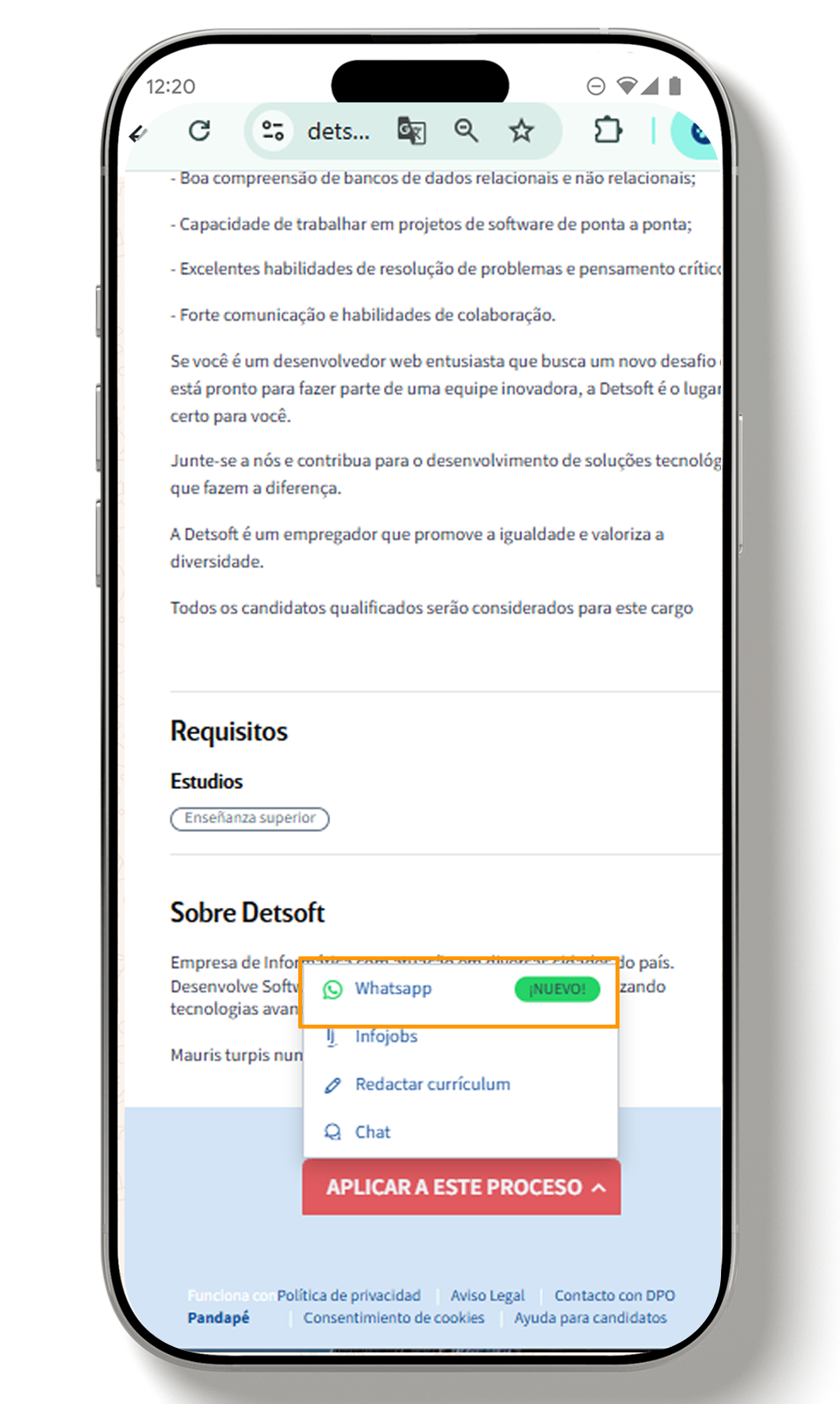 Visão do botão Candidatar-se pelo WhatsApp na Página de Carreiras