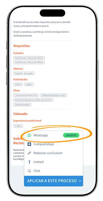 Vista del botón Aplicar con WhatsApp en la Página de Empleos