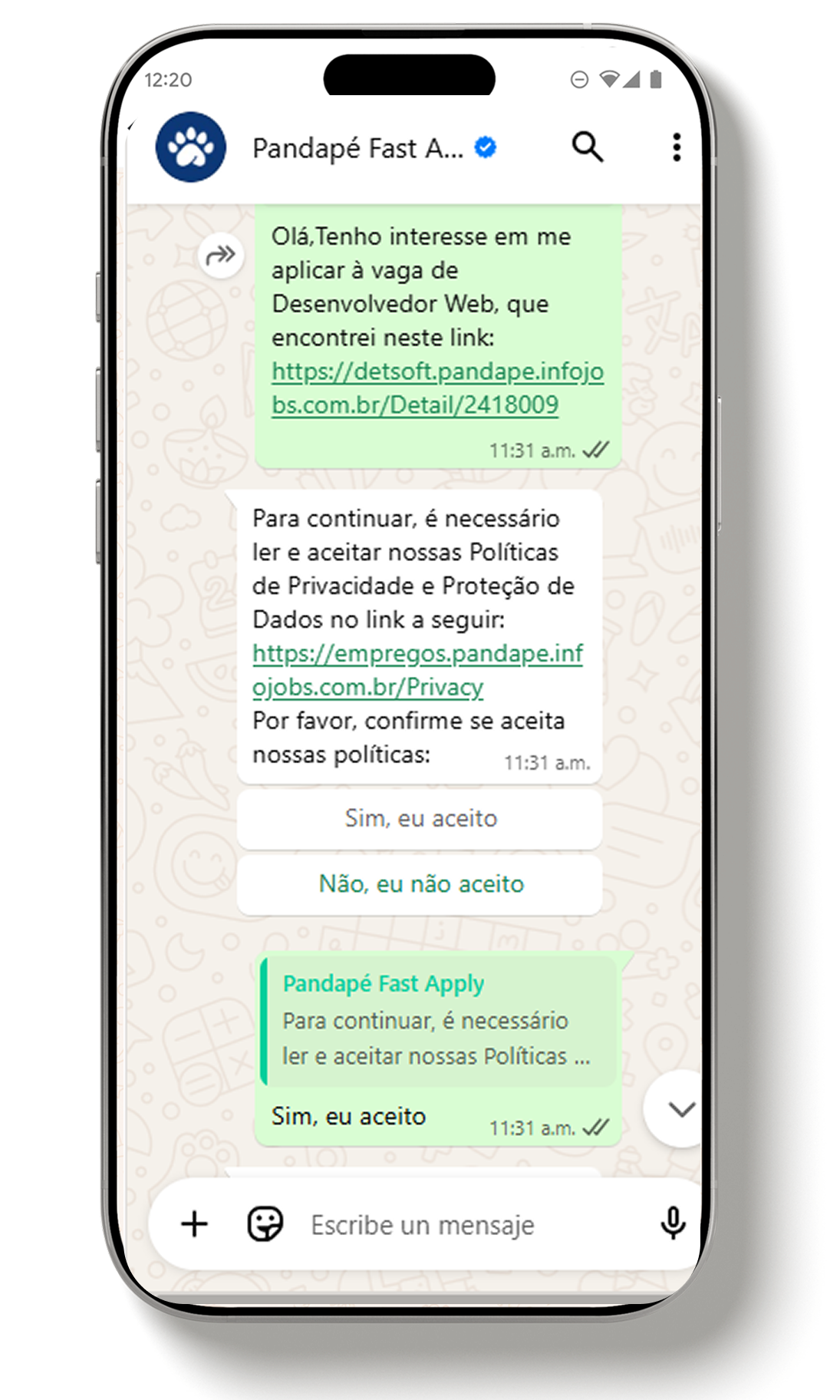 Visão da conversa do Fast apply no WhatsApp