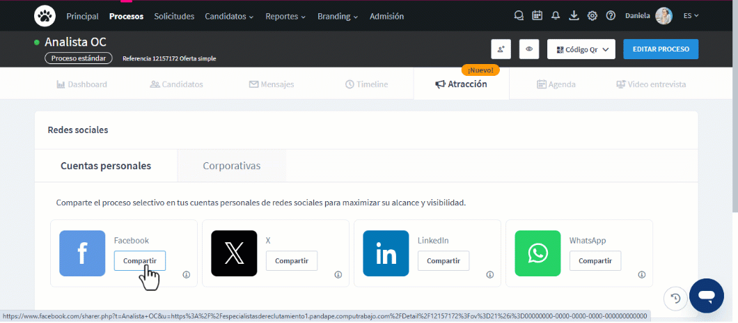 Ventana emergente de Facebook para compartir el proceso