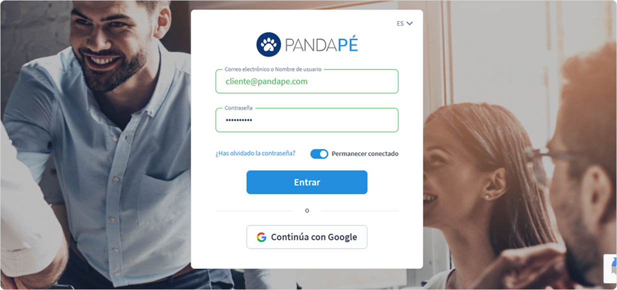 Pantalla de inicio de sesión de Pandapé