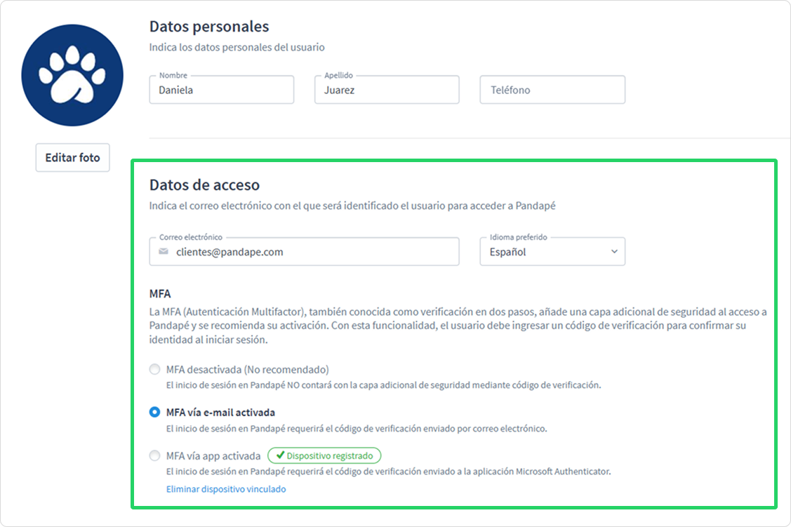 Opciones de configuración MFA en el perfil
