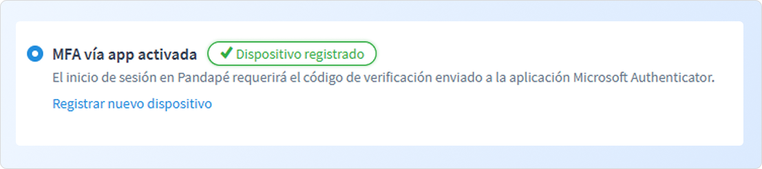 Dispositivo registrado en MFA vía app