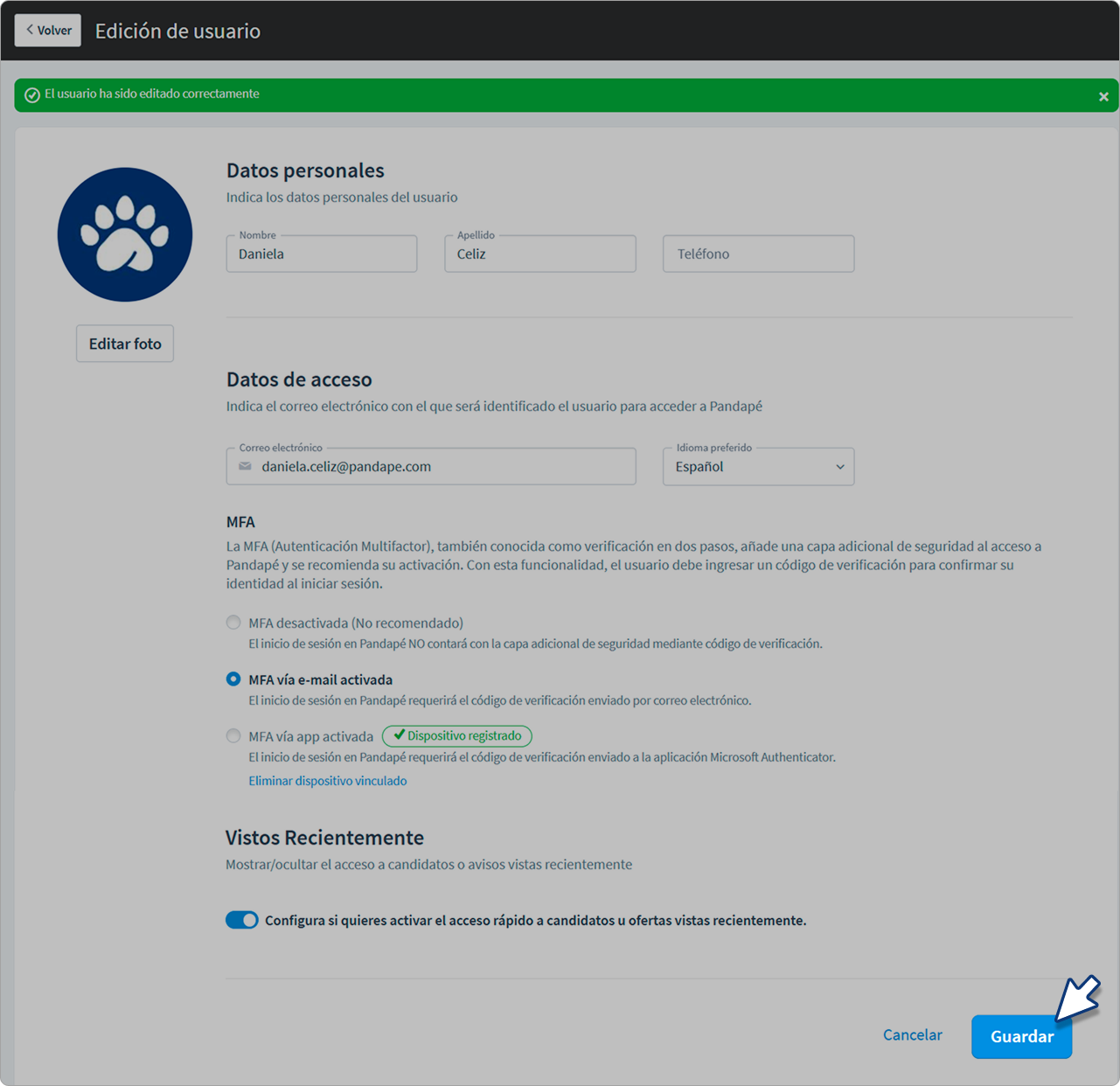 Guardar los cambios de MFA en el perfil