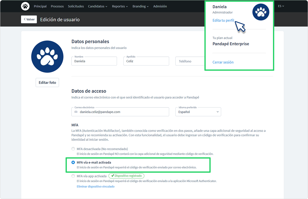 Selección de MFA vía e-mail en el perfil