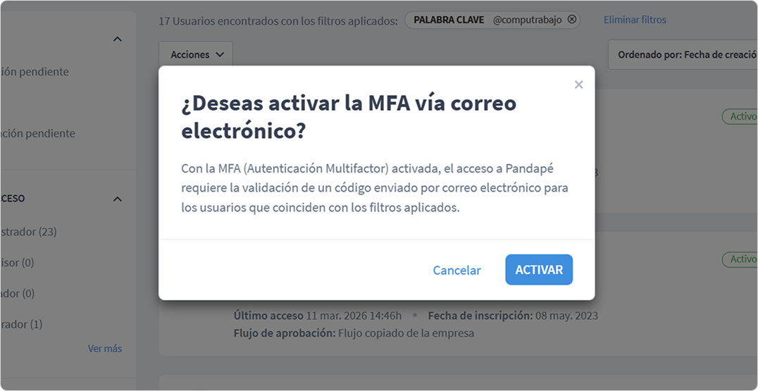 Ventana de confirmación para Activar MFA vía email