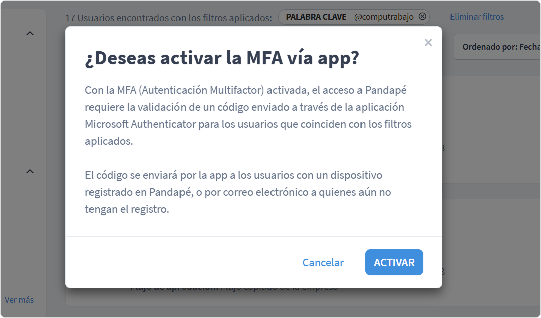 Ventana de confirmación para Activar MFA vía app