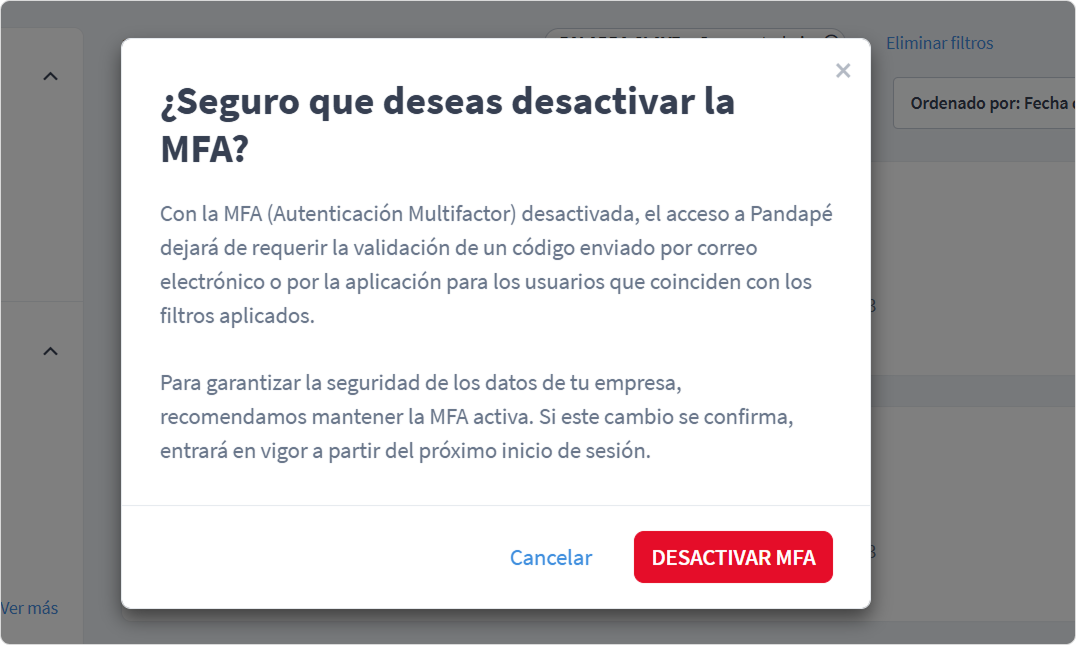 Ventana de confirmación para Desactivar MFA
