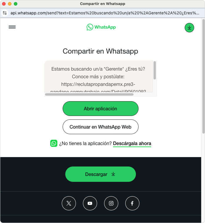 Ventana emergente de WhatsApp con editor de mensaje y opciones de inicio de sesión