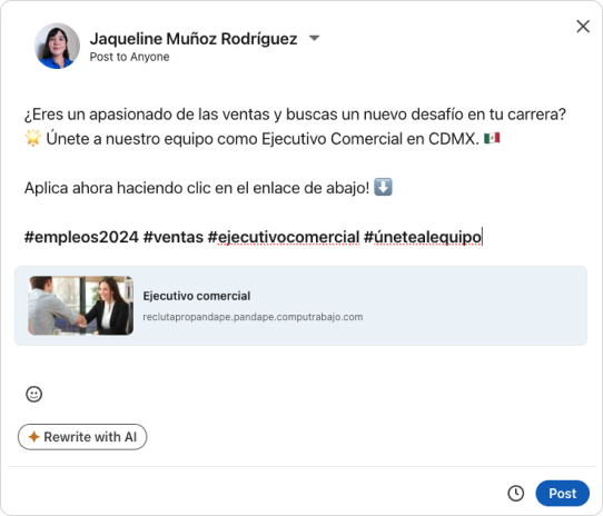 Ventana emergente de LinkedIn para personalizar la publicación